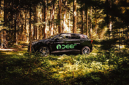 schwarzes E-Auto mit grünem Schriftzug "deer" über vordere und hintere Tür der Fahrerseite im Wald